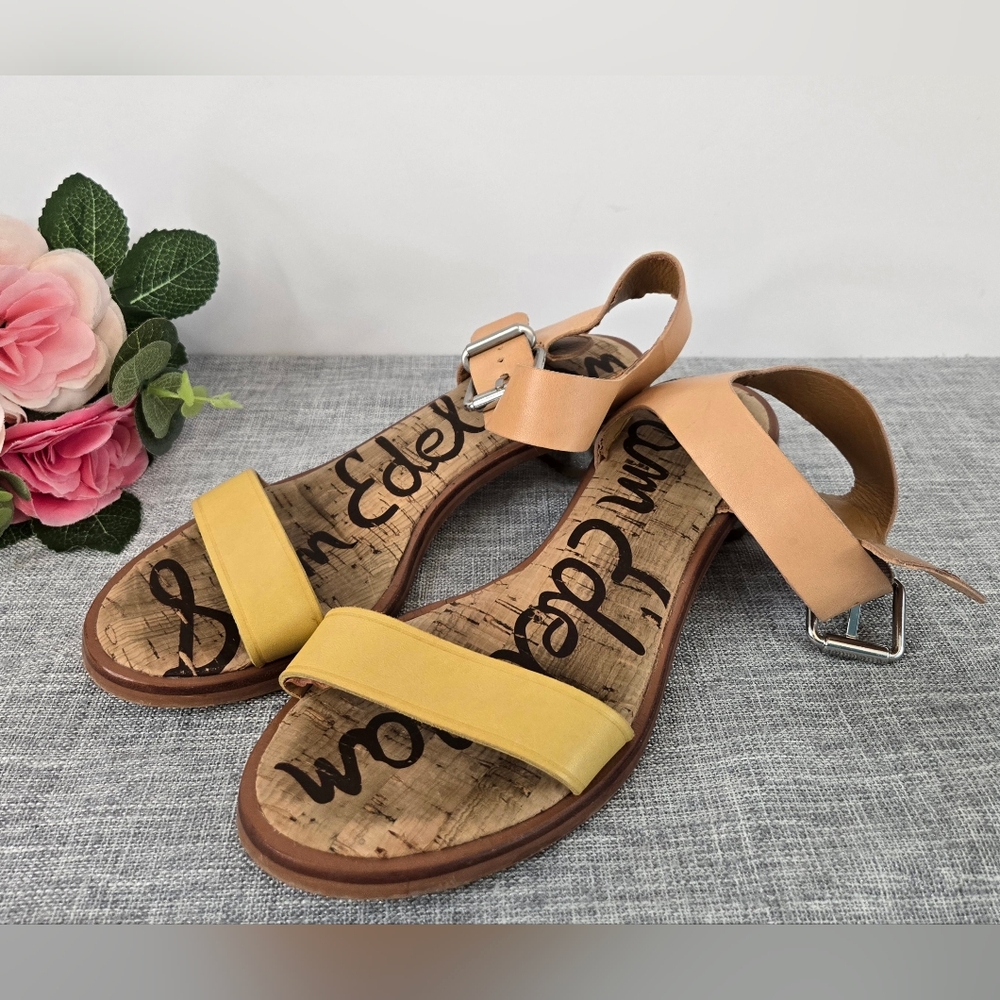 Sam Edelman Trixie Sandals Size 7.5 Tan & Gold, Heel Buckle‎ Ankles Toe Strap